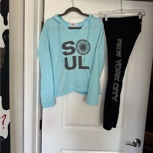 SoulCycle Light Blue Hoodie & Lululemon SoulCycle NYC Leggings Set.